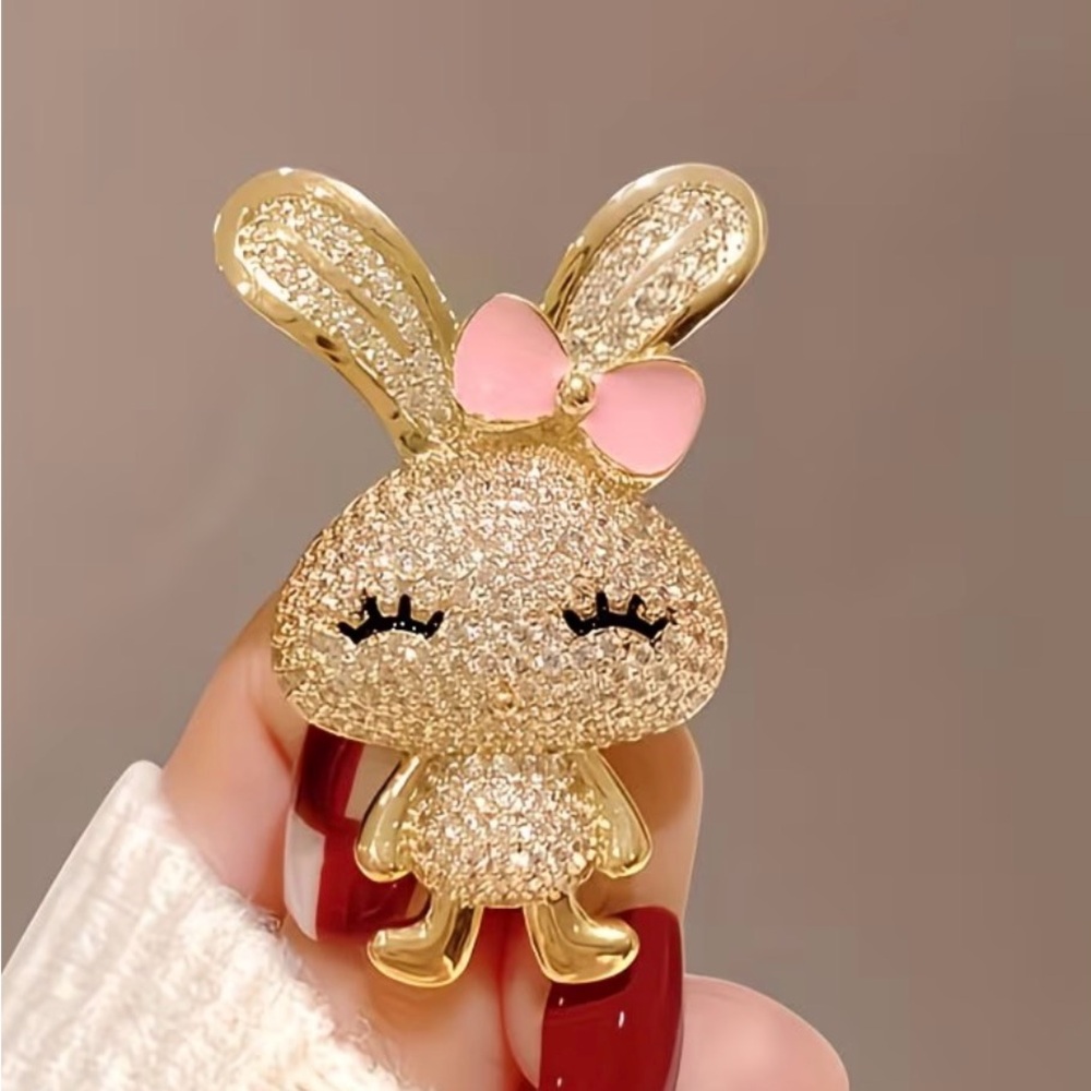 Gold and Silver Bunny Brooch with Pink Bow - Picture 5 of 6
